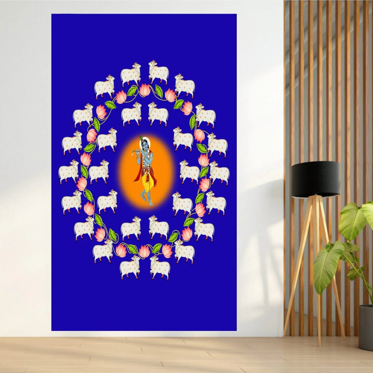 Lord Krishna Backdrop with Cow Indian Traditional Cloth Pooja Backdrop Indian Wall Art Photo Decor Banner Designer Wall Hangings Diwali Decor Wedding Housewarming Gift